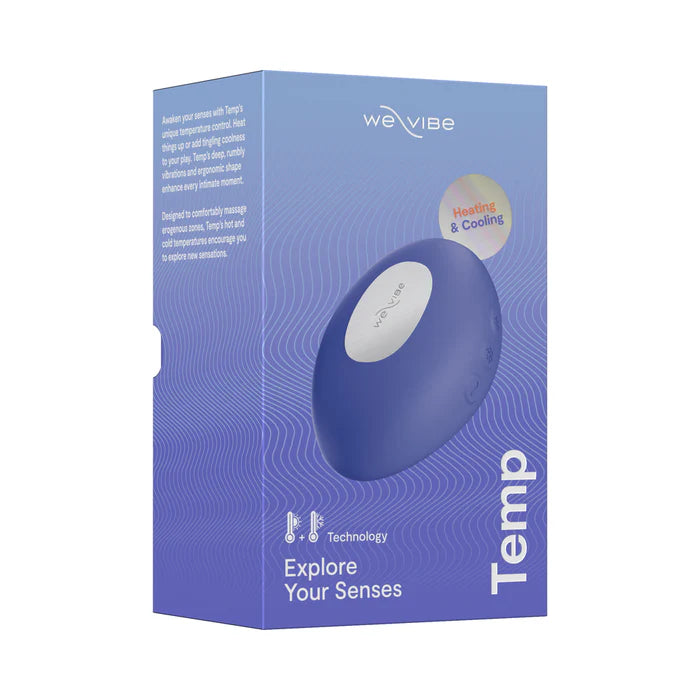 Close-up view of We-Vibe Temp Lavender Blue temperature control vibrator highlighting its heating and cooling functions for enhanced intimacy.