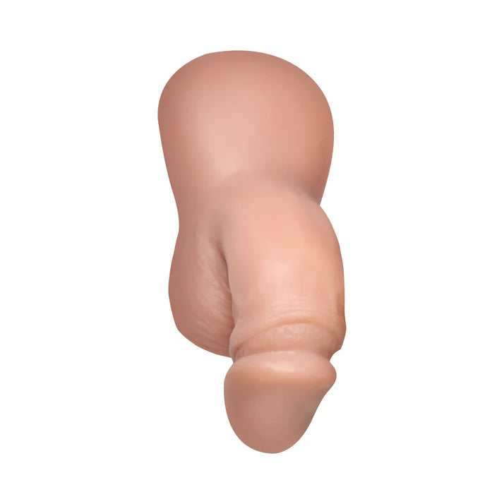 Close-up view of the Strap U 3.6 in. Silicone Packer Dildo, highlighting the soft and pliable realistic silicone packer material.
