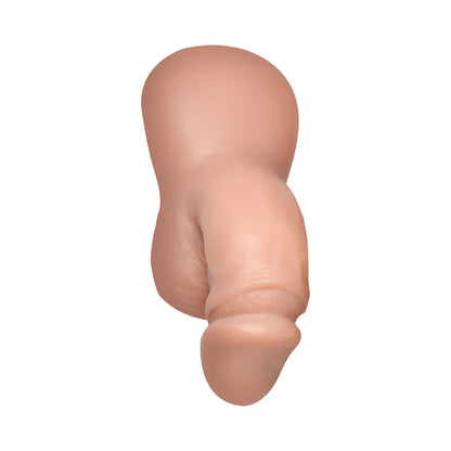 Close-up view of the Strap U 3.6 in. Silicone Packer Dildo, highlighting the soft and pliable realistic silicone packer material.