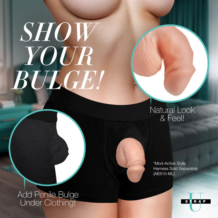 Strap U 3.6 in. Silicone Packer Dildo from a side angle, illustrating the realistic silicone packer’s bulge for comfort and confidence.