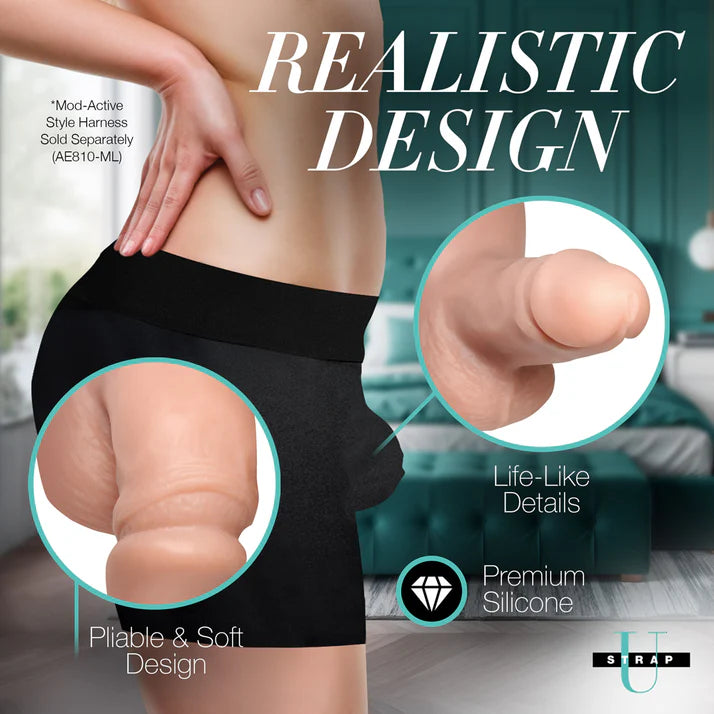 Strap U 3.6 in. Silicone Packer Dildo shown in an upright position, accentuating the premium silicone and realistic packer features.