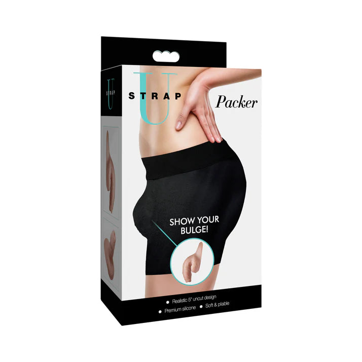 Strap U 5.1 in. Uncut Silicone Packer Dildo showcasing its realistic design, perfect for an authentic look and feel, designed as an uncut silicone dildo.