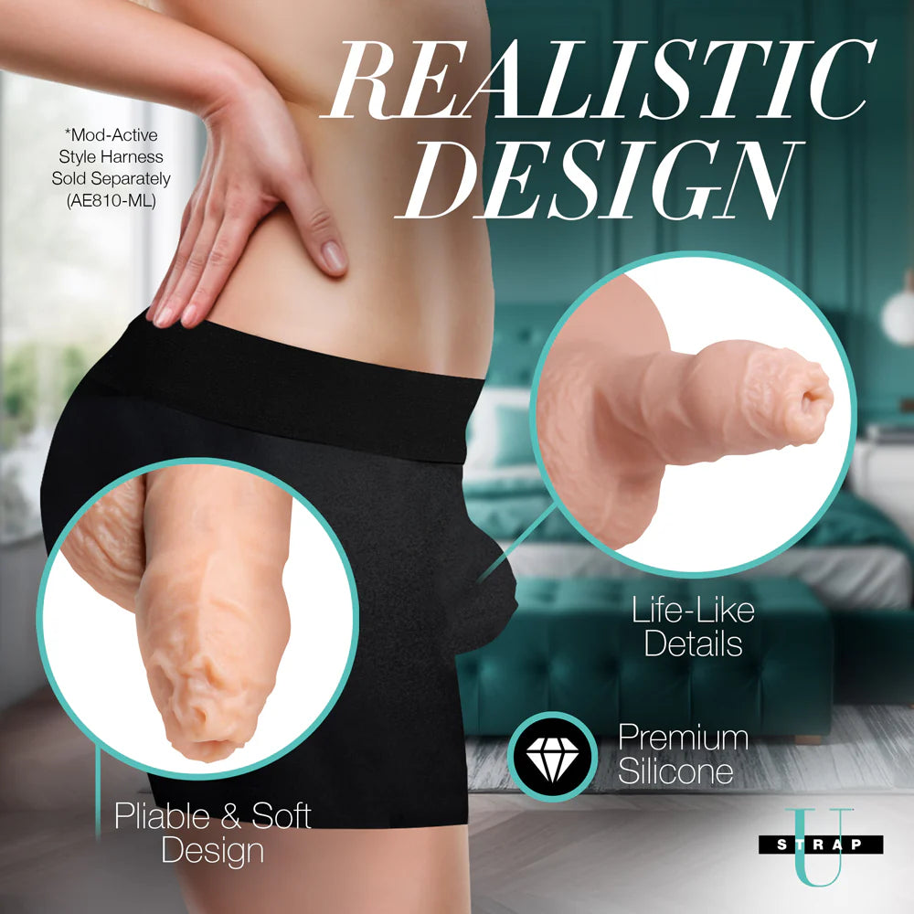 Profile view of the Strap U 5.1 in. Uncut Silicone Packer Dildo, illustrating its unique shape and bulge design, a must-have uncut silicone dildo for masculine-presenting individuals.