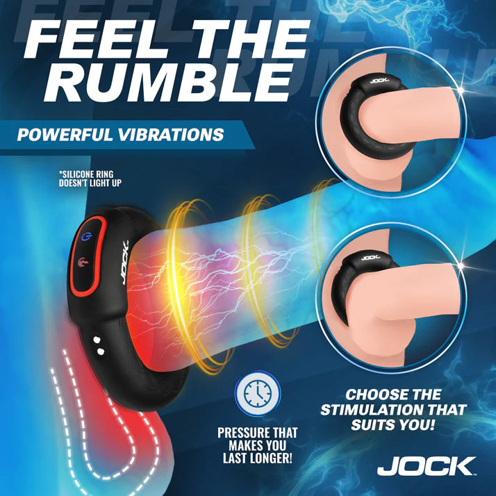 JOCK Rumbler 1.8 in. Vibrating &amp; Warming C-Ring in a waterproof setting, showcasing its versatility for solo or partner play.