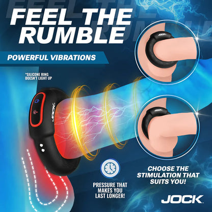 JOCK Rumbler 1.8 in. Vibrating &amp; Warming C-Ring in a waterproof setting, showcasing its versatility for solo or partner play.
