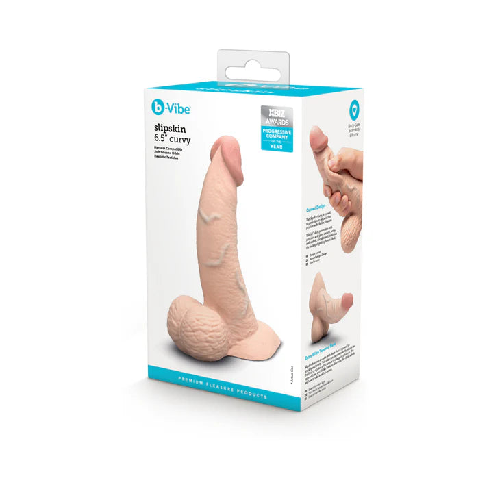 b-Vibe Slipskin Realistic Silicone Dildo 6.5 in. Curved Cream showcasing its lifelike texture and design features for intimate pleasure.