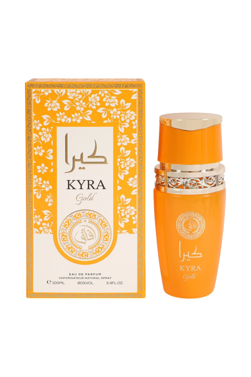 Kyra Gold Perfume For Women 100ml bottle with tropical floral design, showcasing its luxurious Eau de Parfum scent.