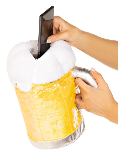 Close-up of the Leg Avenue Beer Stein Purse showcasing its vibrant design and zippered pocket, ideal as a novelty beer purse for Halloween or themed parties.