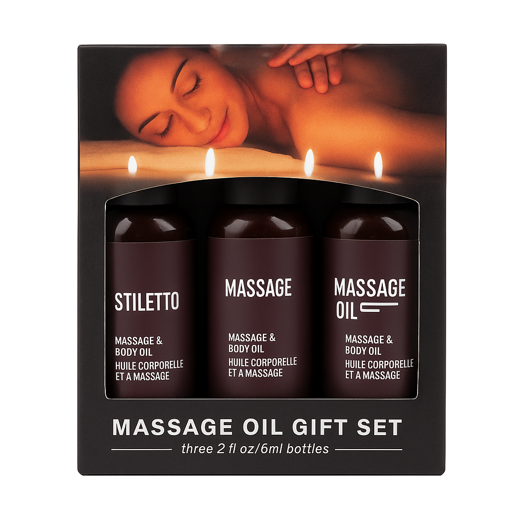Massage oil gift set packaging with three bottles labeled &