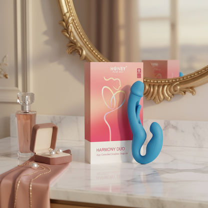 Harmony Duo App-Controlled Strapless Strap-on showcasing its innovative design for adventurous couples seeking dual stimulation and unforgettable pleasure.