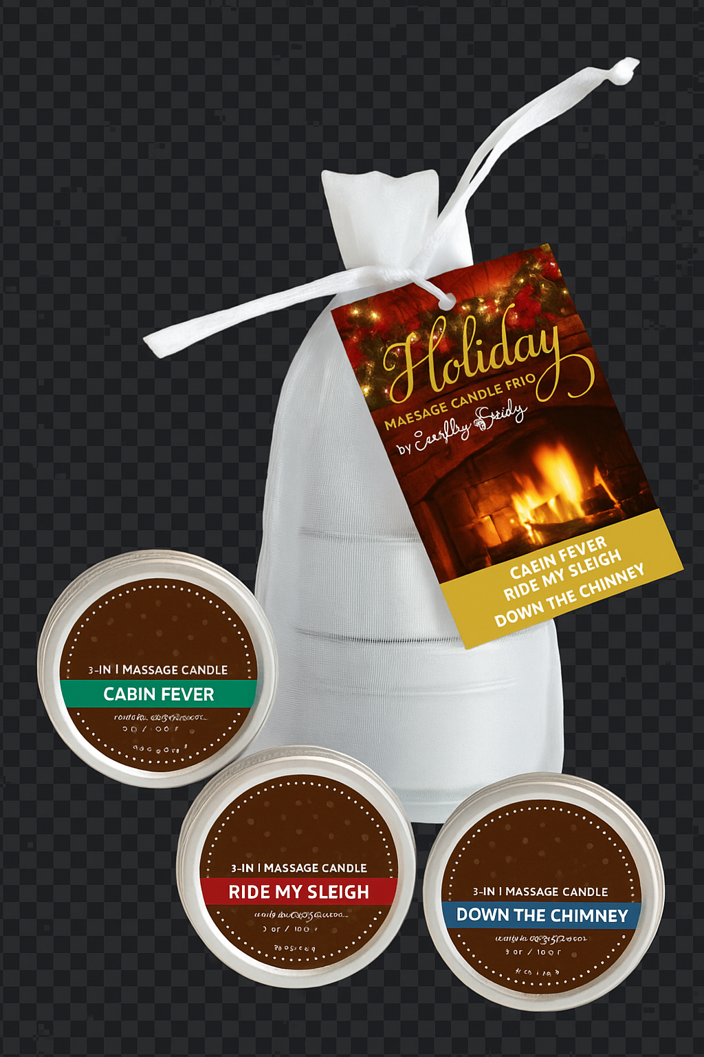 Holiday 3-in-1 Massage Candle Trio in elegant organza gift bag, perfect for festive relaxation and self-care, featuring nourishing ingredients and delightful fragrances.