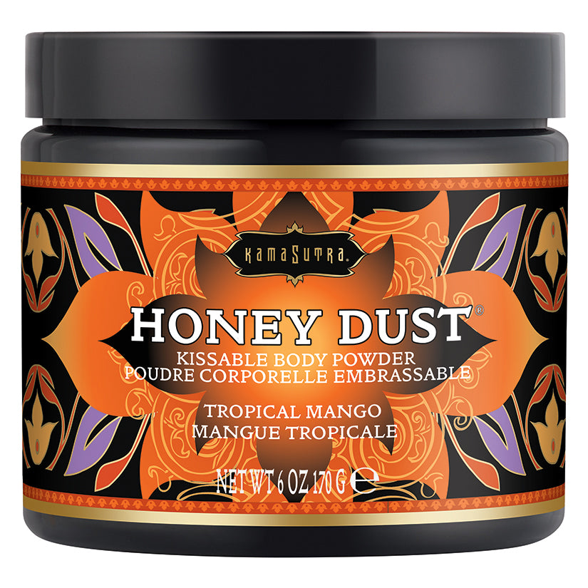 Kama Sutra Honey Dust-Tropical Mango, a kissable body powder that leaves skin silky-soft and delicately scented, featuring a sexy feather applicator and tropical fruit fragrance.