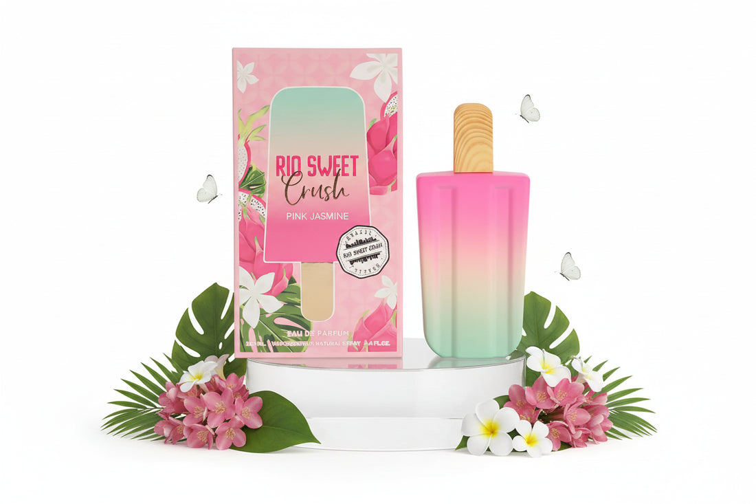 Pink and green gradient perfume bottle with matching packaging featuring floral designs.