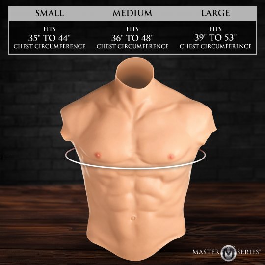 front view of Ripped Silicone Male Chest sizes
