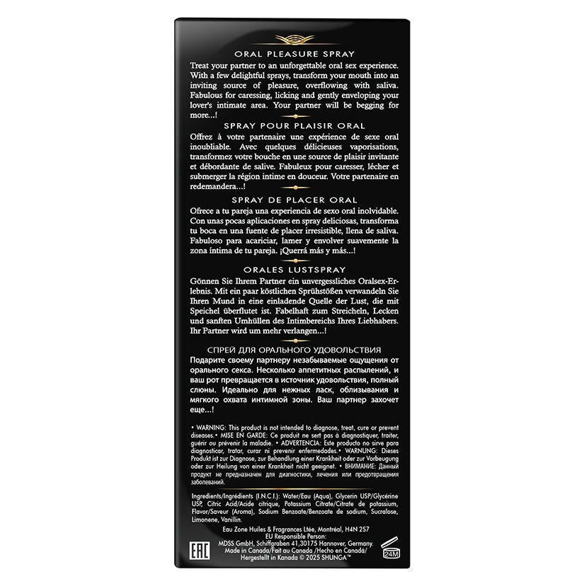 Back of Shunga Waves of Pleasure Oral Pleasure Spray-Watermelon packaging with product details and instructions.