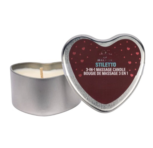 Earthly Body Valentine 3-in-1 Massage Candle – Stiletto, a luxurious candle that melts into a warm 3-in-1 massage oil for a romantic experience.