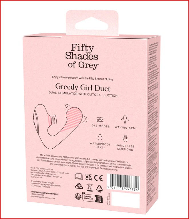 Elevate your intimate moments with the Fifty Shades of Grey Greedy Girl Duet, a waterproof toy designed for hands-free pleasure and versatile adventures.