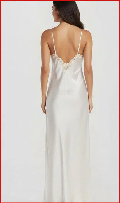 iCollection Long Satin Gown with Lace Trim