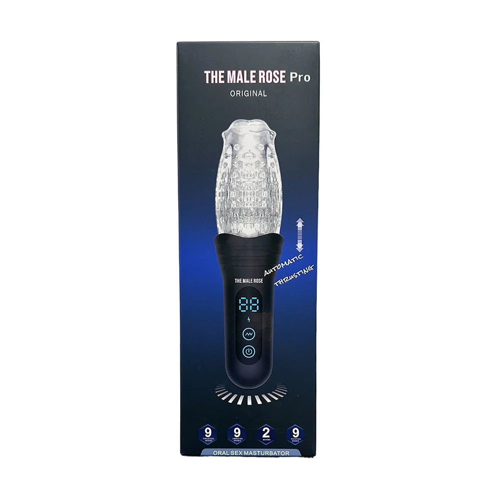 The Male Rose Pro Original automatic massager in its retail packaging box, featuring a black handle with a digital display and a clear textured head.