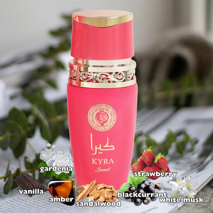 Experience the delightful blend of fruity, floral, and woody notes in Kyra Sweet Spray Perfume for Women, presented in a luxurious 100ml bottle.
