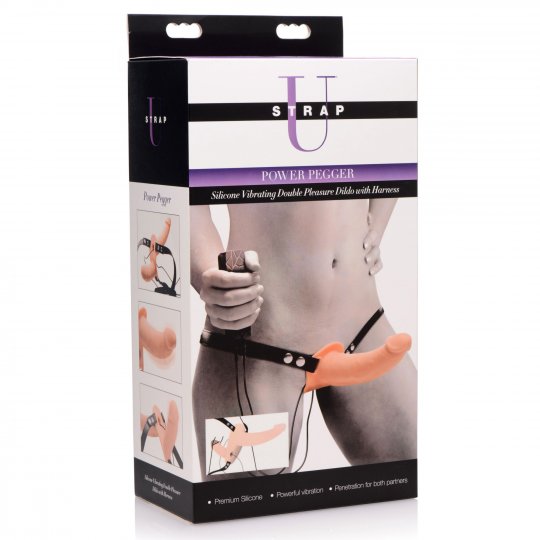 Power Pegger Silicone Vibrating Double Dildo With Harness- Flesh