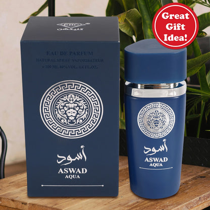 Stylish presentation of Aswad Aqua-Blue Spray Perfume Eau De Parfum For Women, emphasizing its allure as an aquatic floral perfume.