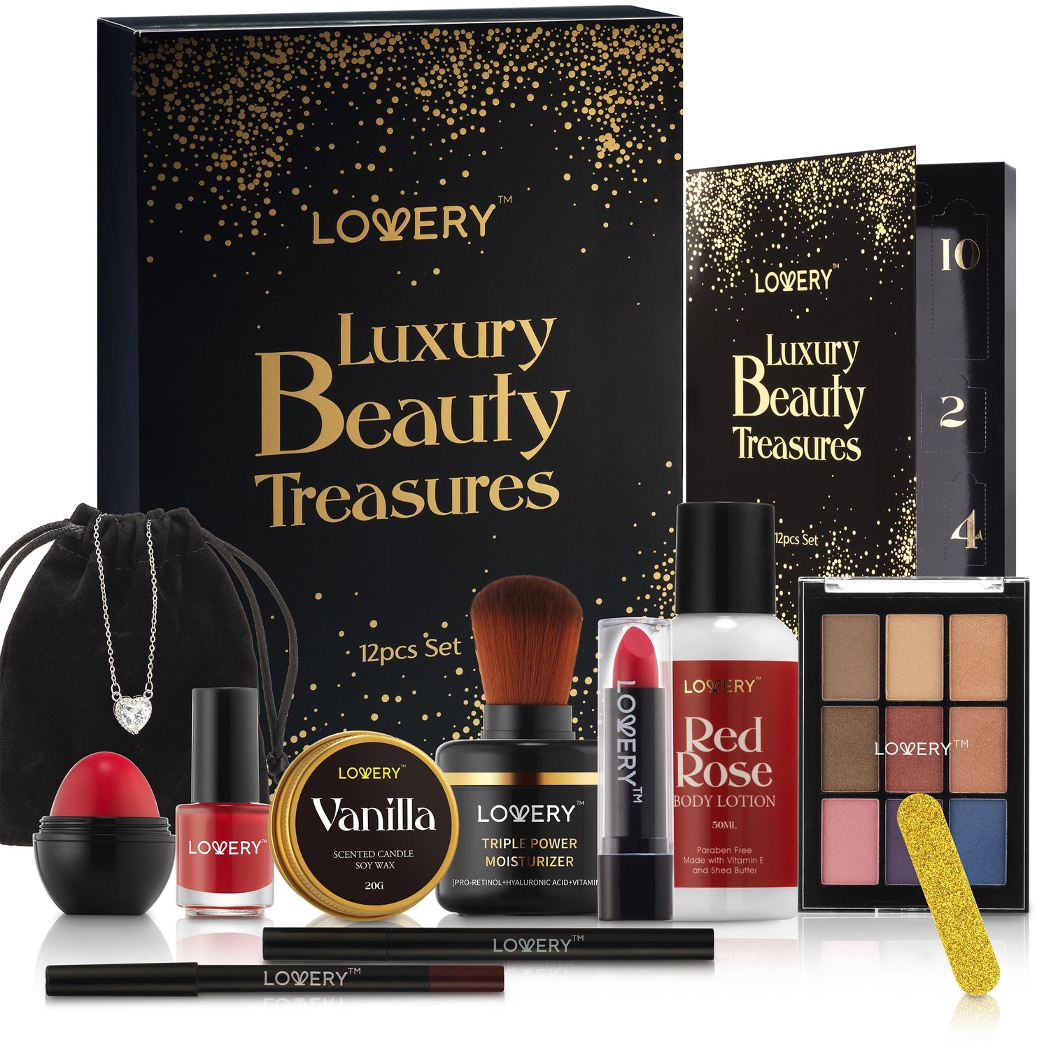 Advent Calendar Beauty Treasures 12 Day Makeup featuring luxurious beauty items, perfect for the 12 days of beauty. Celebrate self-care this festive season!