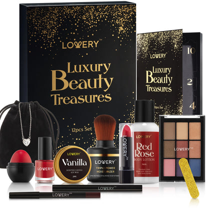 Advent Calendar Beauty Treasures 12 Day Makeup featuring luxurious beauty items, perfect for the 12 days of beauty. Celebrate self-care this festive season!