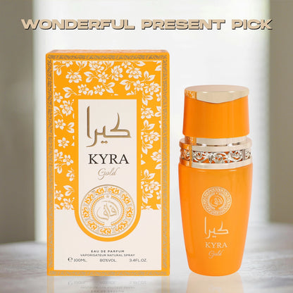 Kyra Gold Perfume For Women 100ml in an elegant bottle, showcasing the luxurious scent designed for the modern woman who loves tropical and floral notes.