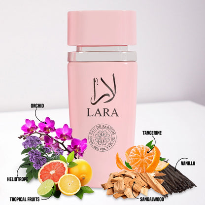 Lara Pink Spray Perfume Eau De Parfum for Women showcasing its elegant bottle design, perfect for modern women who appreciate floral and fruity fragrances.