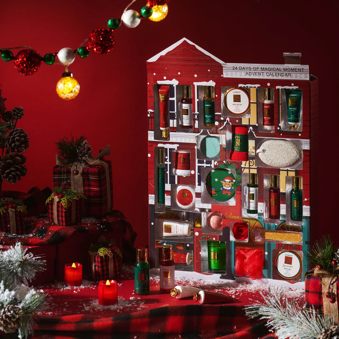 Showcase of the Advent Calendar, Christmas Countdown 2025 Limited Edition, featuring 24 unique bath and body products, ideal for a festive holiday experience with the Christmas advent calendar.