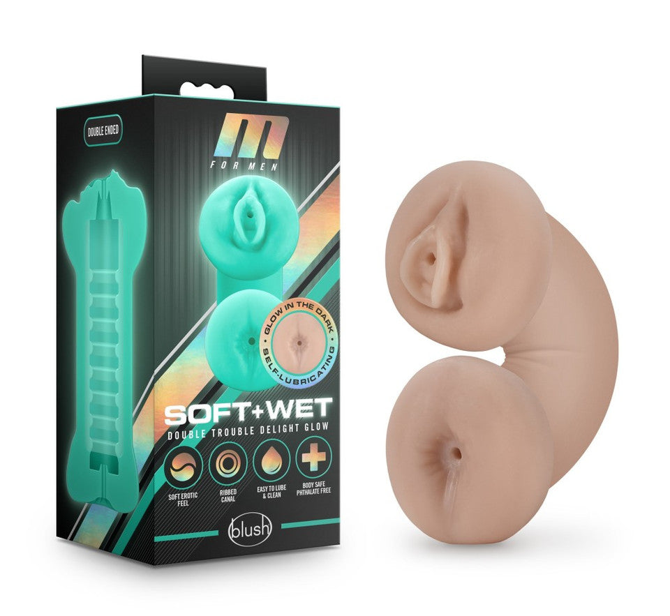 M for Men Soft and Wet Double Trouble Glow In The Dark Masturbator BLUSH