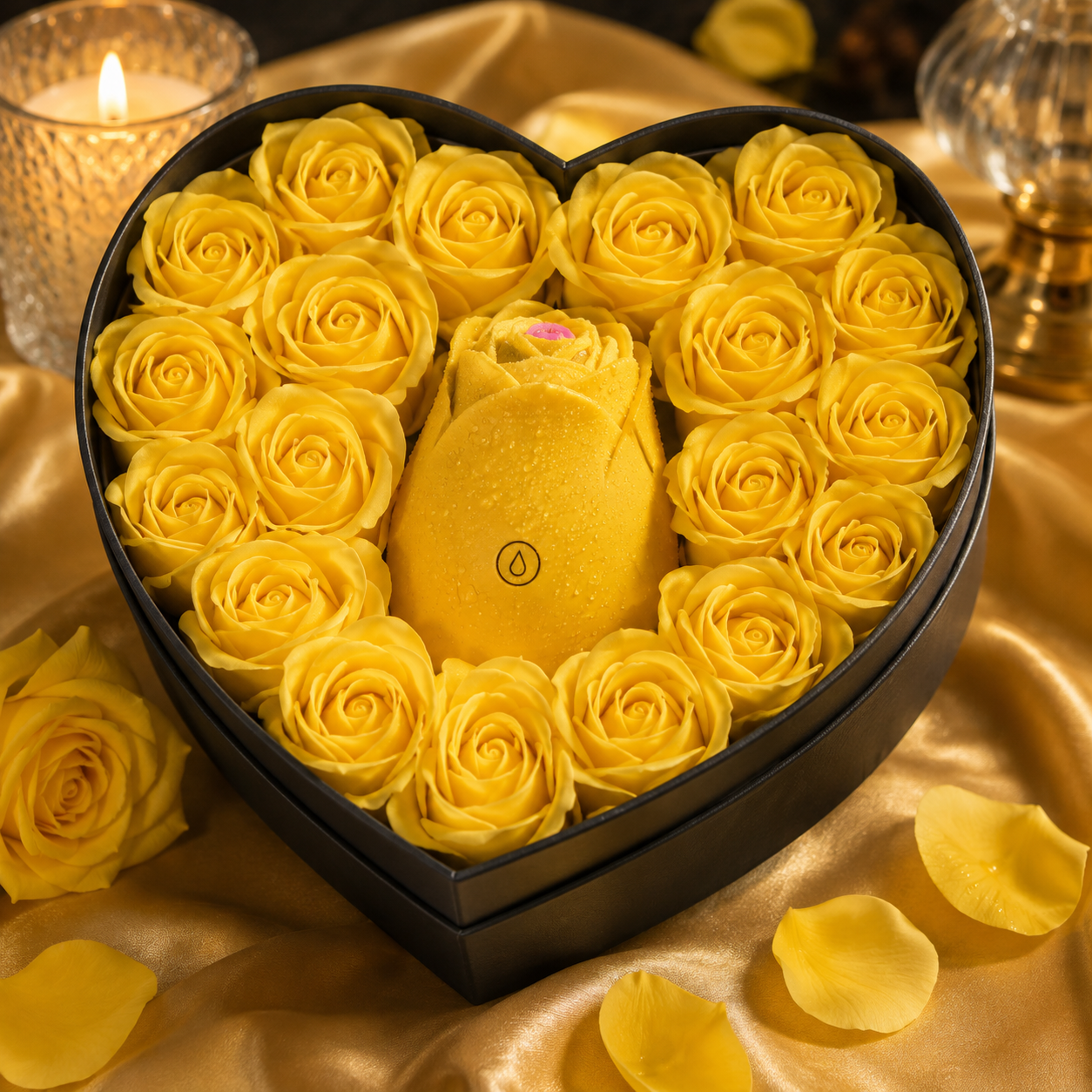 A heart-shaped black gift box filled with yellow artificial roses and a central yellow flower, displayed on a gold satin fabric with scattered petals and a lit candle in the background.