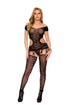 Crochet Net Suspender Bodystocking with Off the Shoulder Sleeves and Cut Out Sides - Black - Os MAPALE