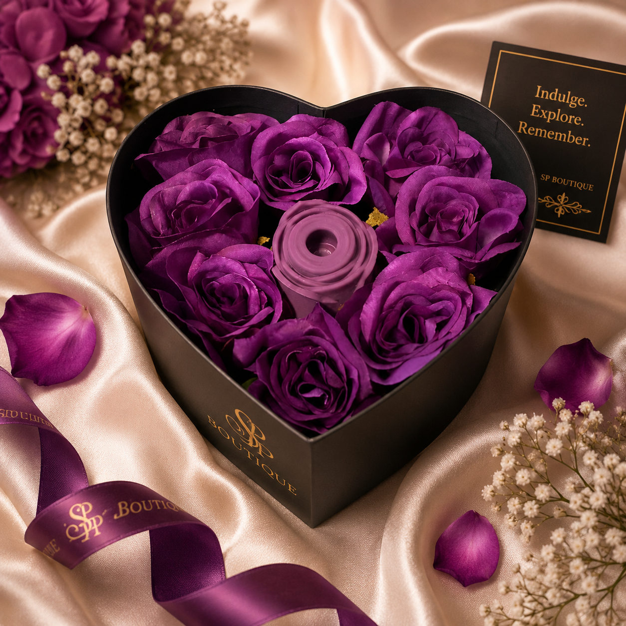 A heart-shaped black gift box filled with preserved deep purple roses, styled on champagne satin with a purple ribbon, baby&