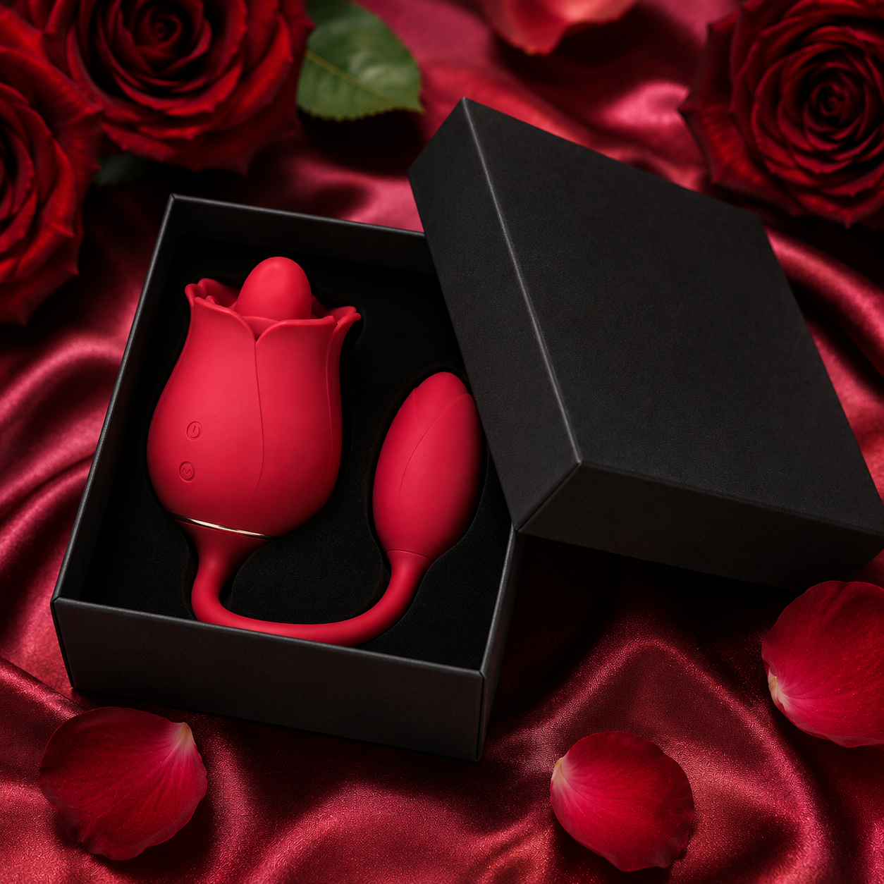 A red rose-shaped intimate massager with a matching applicator inside an open black gift box, set on red satin fabric with red roses and rose petals around it.