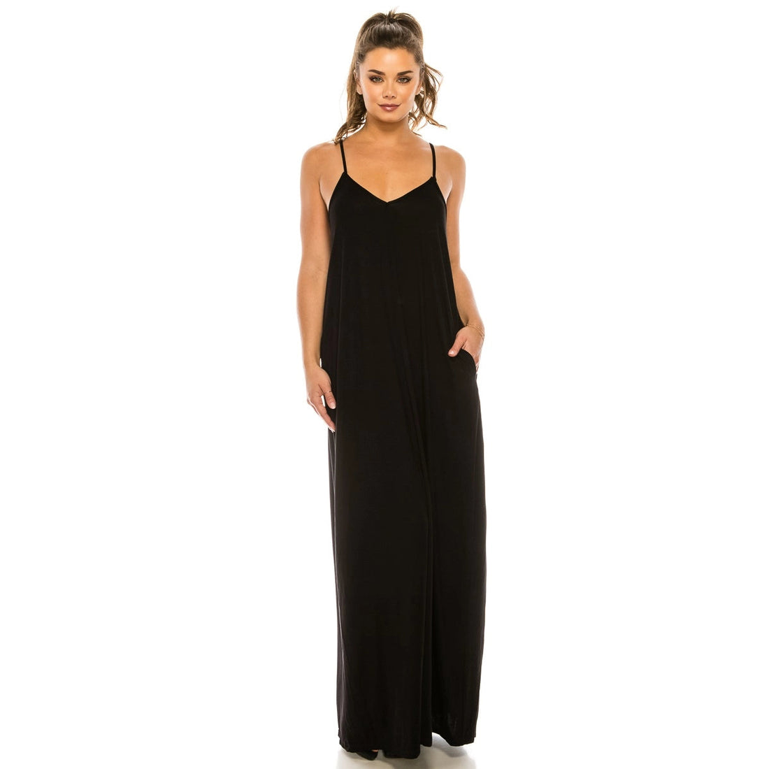Solid Colored Spaghettis Strap Low Back Maxi Dress with Pock SP BOUTIQUE