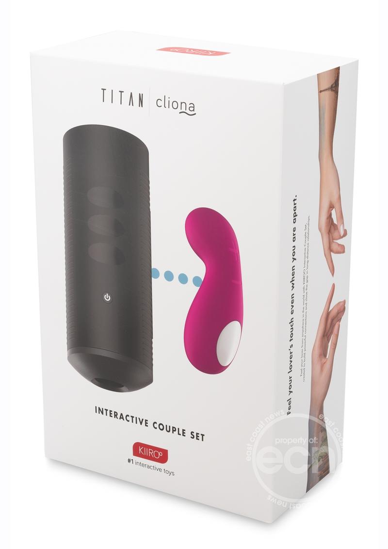 Kiiroo Titan & Cliona Couple Set featuring a handheld stroker and clitoral stimulator designed for enhanced intimacy and pleasure for couples.