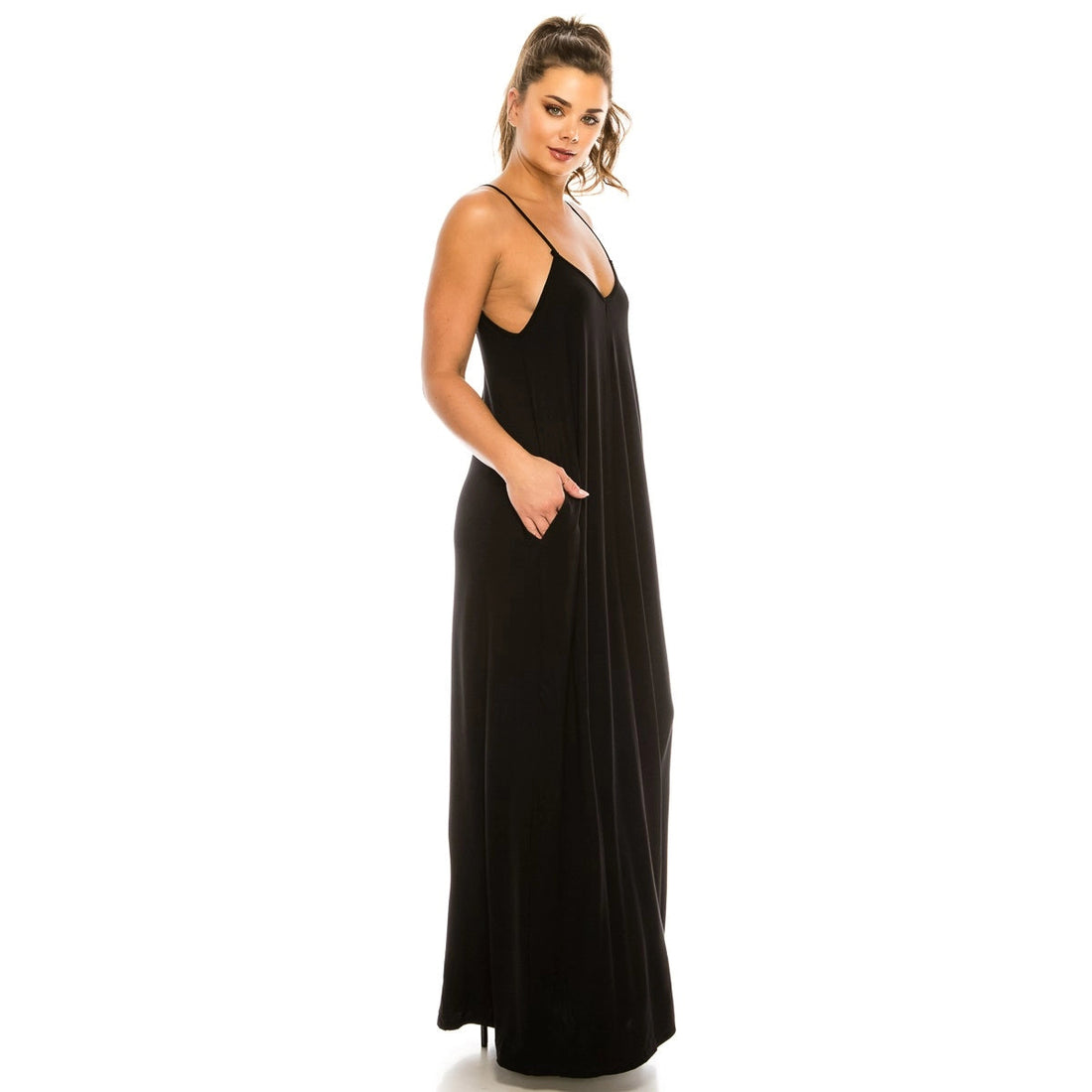 Solid Colored Spaghettis Strap Low Back Maxi Dress with Pock SP BOUTIQUE