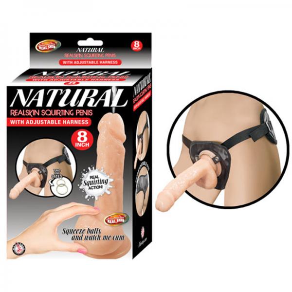 Natural Realskin Squirting Penis 8 inches Beige Harness - SP BOUTIQUE