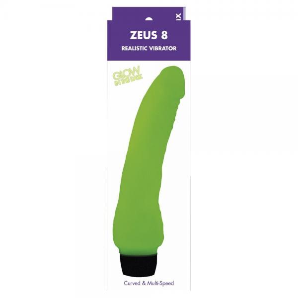 Zeus 8&quot; Glow In The Dark Realistic Vibrator With Curved Shaft &amp; Multi-Speed Controller - SP BOUTIQUE