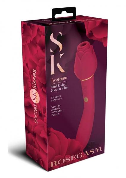 Secret Kisses Rosegasm Twosome Rechargeable Silicone Dual End Vibrator with Clitoral Stimulator - Red - SP BOUTIQUE