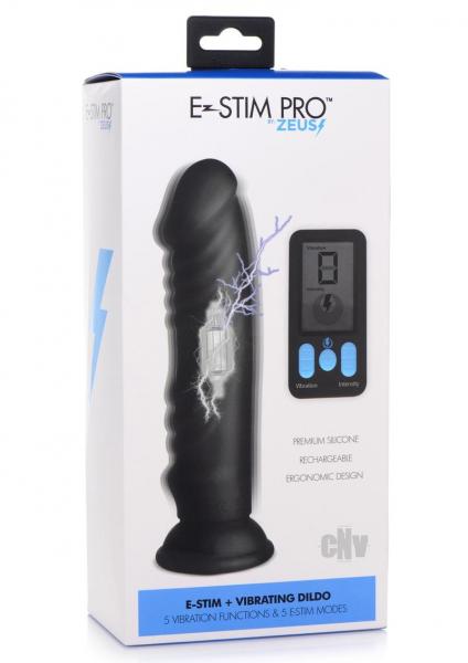 Zeus E-Stim Silicone Dildo With Remote - Vibrating &amp; Electric Shock, 3 Intensity Levels, Black - SP BOUTIQUE