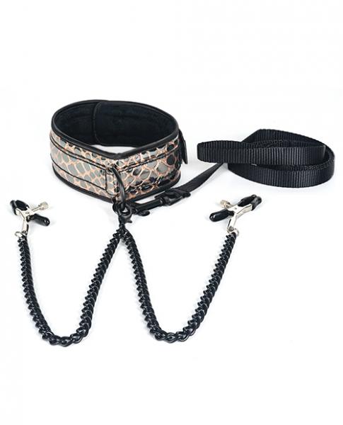 Spartacus Faux Leather Collar &amp; Leash Black Nipple Clamps Gold - SP BOUTIQUE