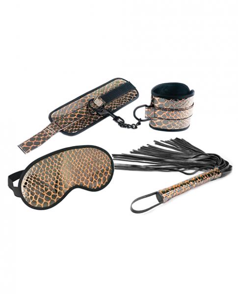 Spartacus Faux Leather Wrist Restraints Blindfold &amp; Flogger Bondage Kit - Gold - SP BOUTIQUE