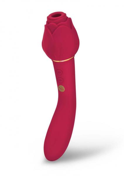 Secret Kisses Rosegasm Twosome Rechargeable Silicone Dual End Vibrator with Clitoral Stimulator - Red - SP BOUTIQUE