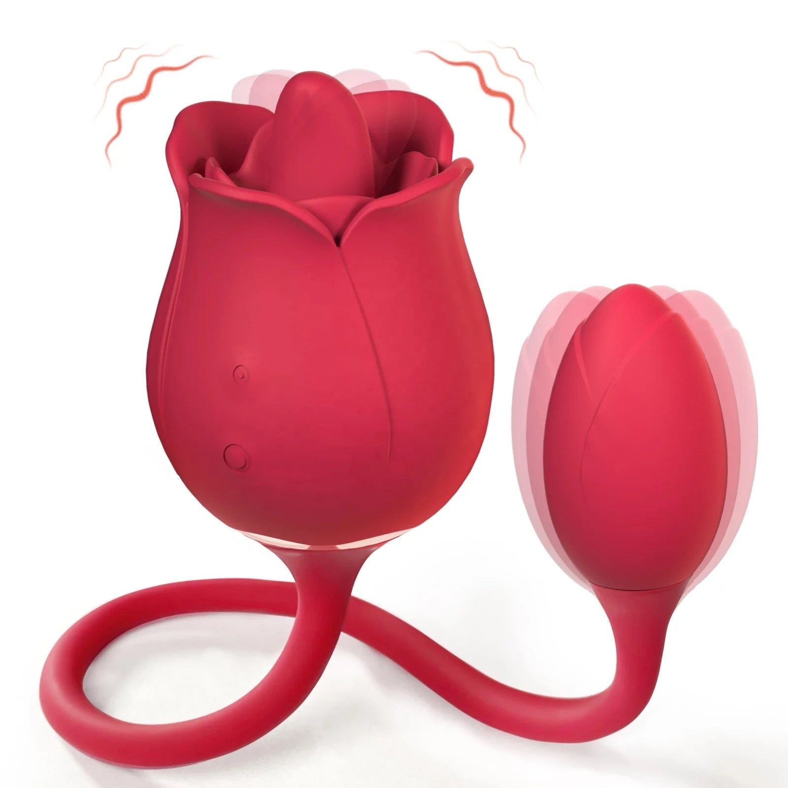 Red Velvet Rose Duo featuring a rose-shaped tongue stimulator and connected oval vibrator