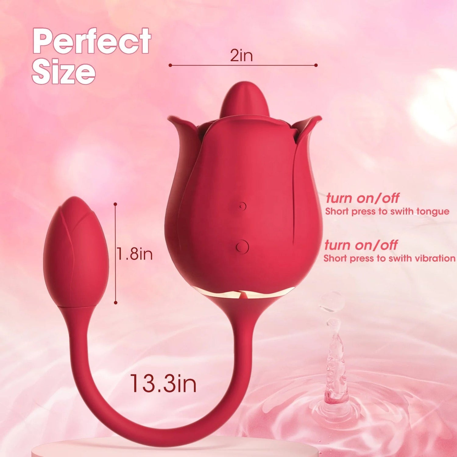 Velvet Rose Duo red tongue stimulator size and dimensions guide