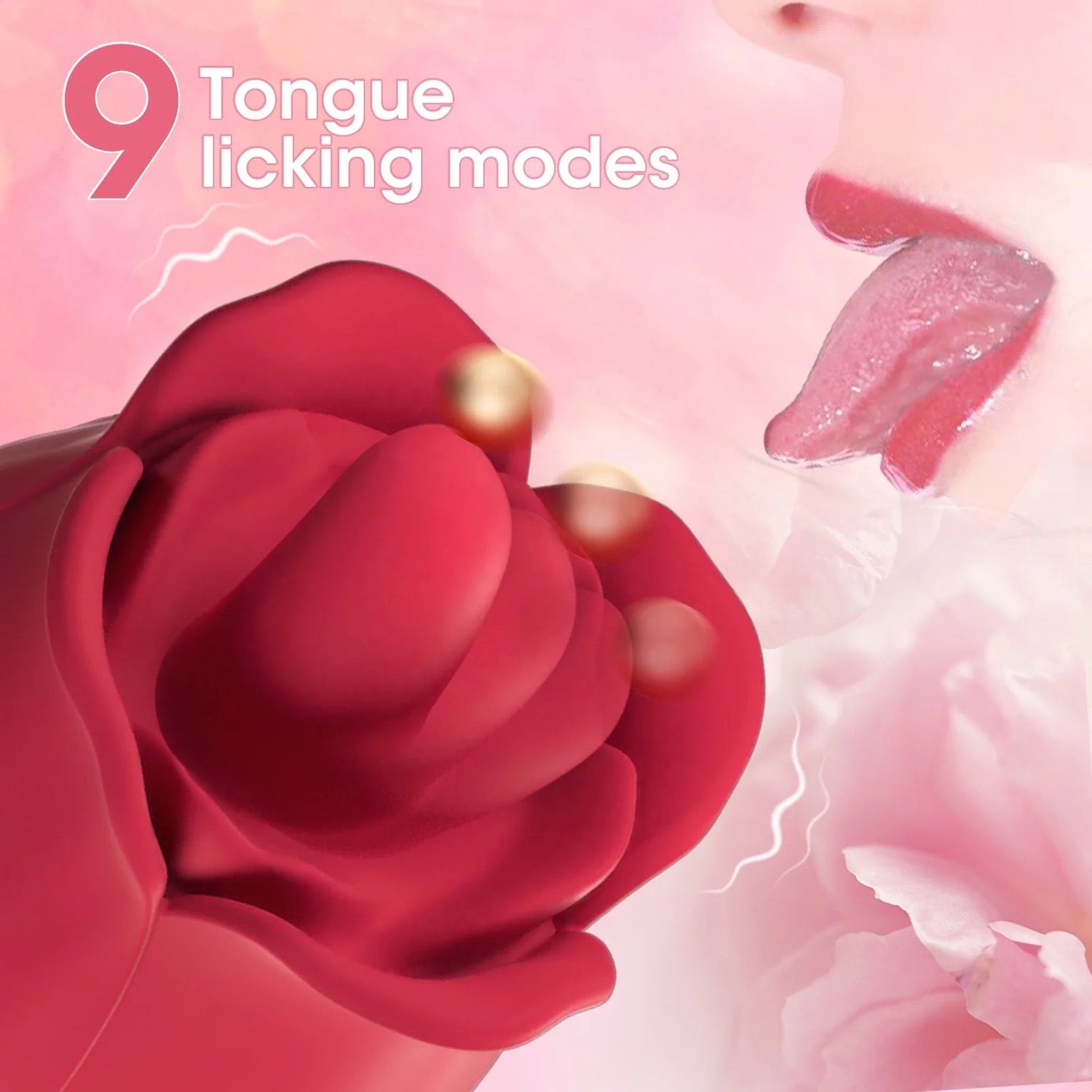Velvet Rose Duo rose-shaped stimulator showing nine tongue licking modes