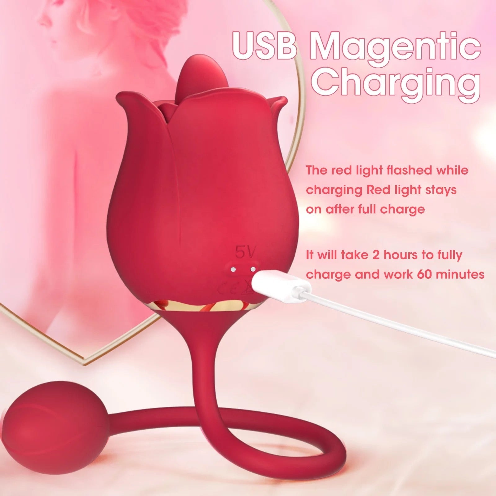 Velvet Rose Duo red stimulator showing USB magnetic charging feature